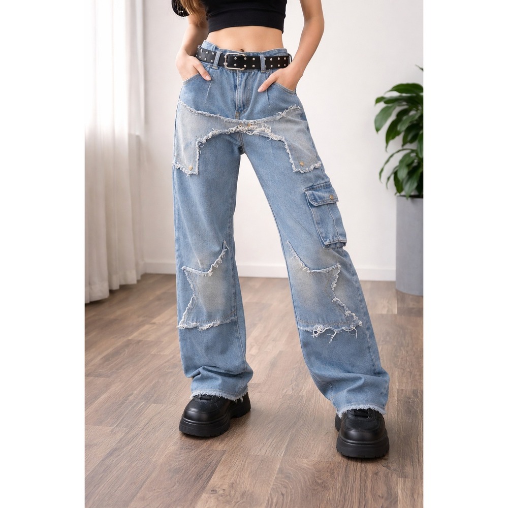 Y2K Star Patch Cargo Jeans Frayed Denim‎ Women Sz 10 Indie Grunge Alt Goth Emo